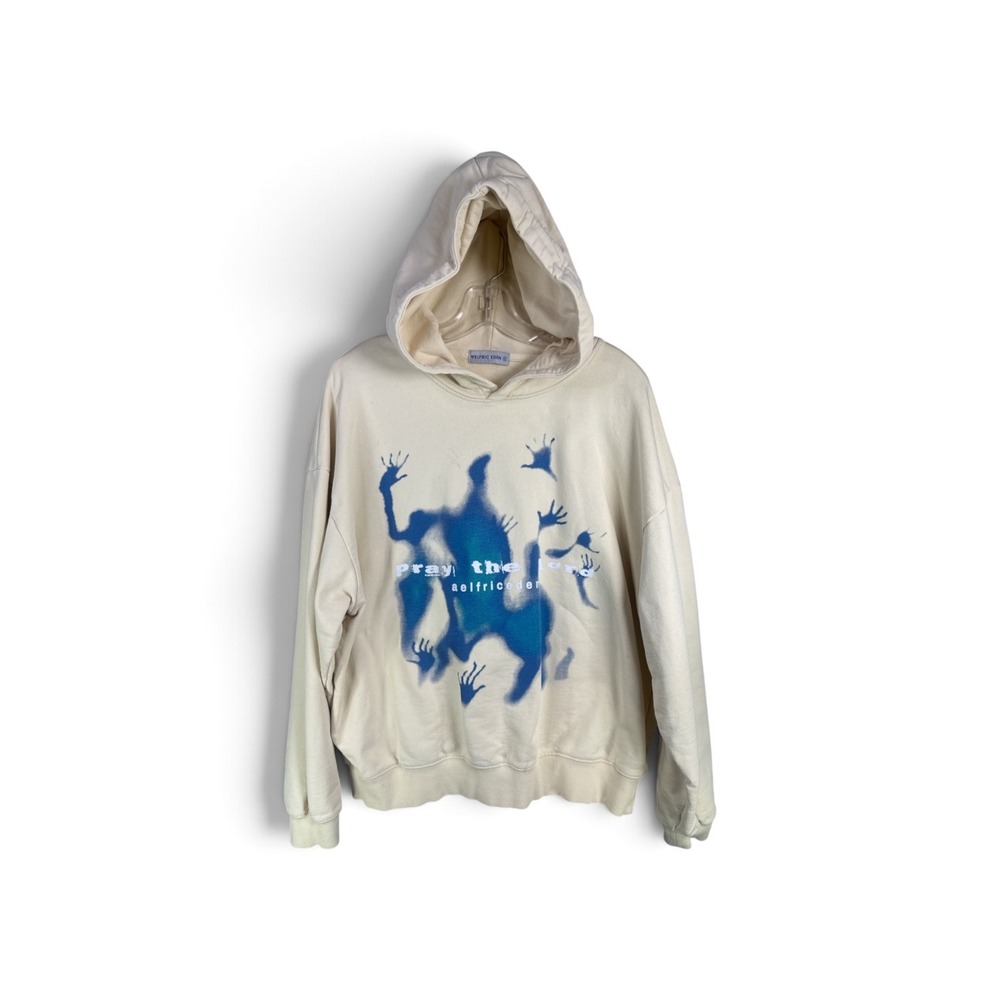 Elfric Eden Pray The Lord Graphic Hoodie Cream Blue Streetwear Mens Medium